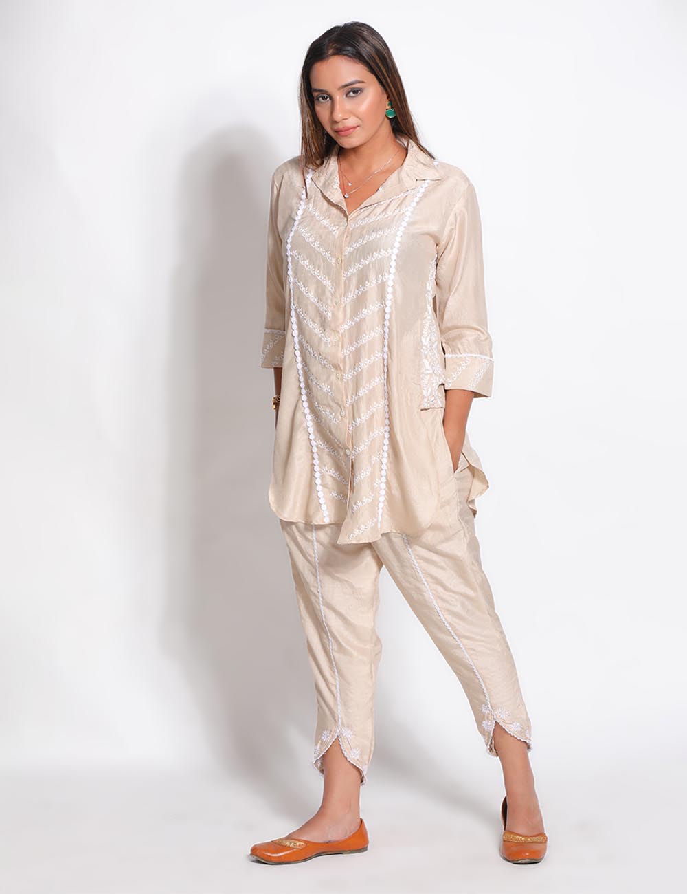 JS-USV 3.1 Beige Silk Chikankari Shirt Co-ord Set